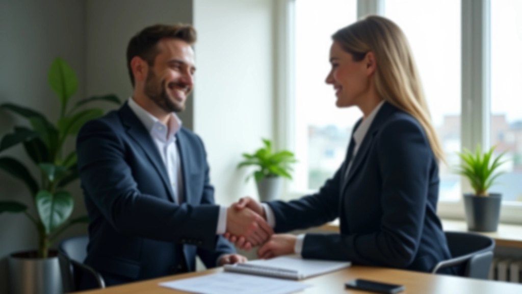 Du realtorai spaudžia rankas biuro aplinkoje, šypsosi, šviečia saulė iš lango, profesionali aplinka