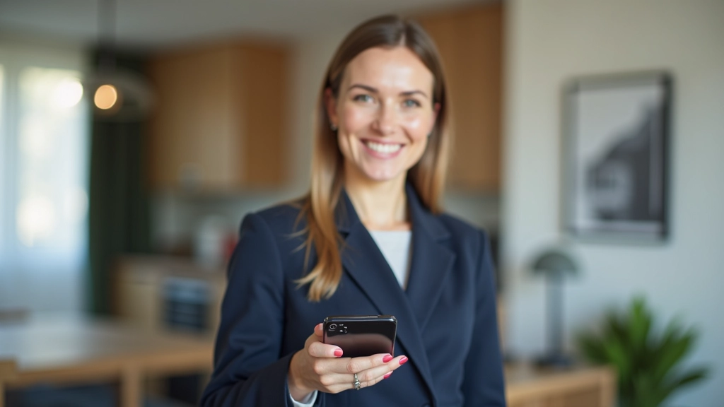 Moterimi realtor nuotraukuojanti busto nuotraukas iPhone kamera, šiuolaikinis gyvenimo kambarys fone, natūrali šviesa iš lango